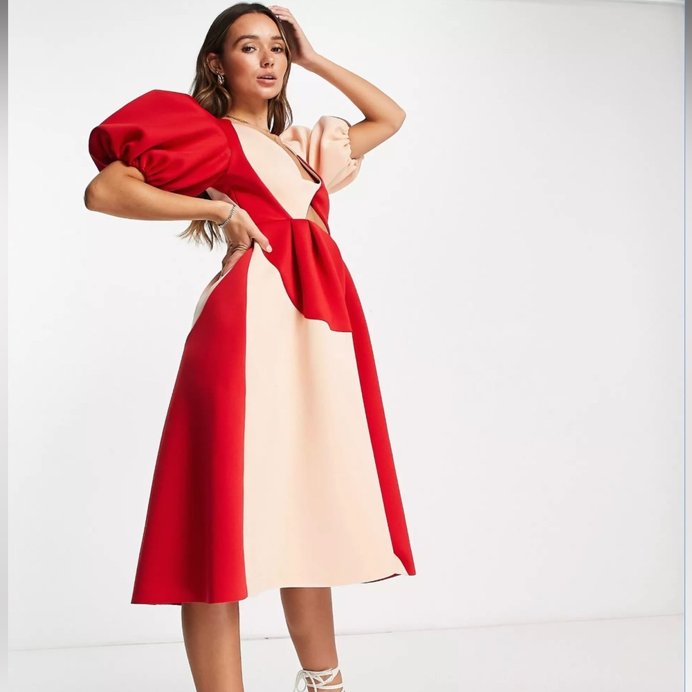 ASOS DESIGN Puff Sleeve Twist Cut-out Midi Dress